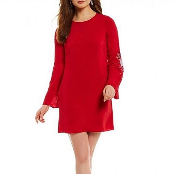 NWT Mika Mindel Cherry Red Lace Bell Sleeve Zip Back Cindy Dress XS Reg. $169 - Picture 1 of 12